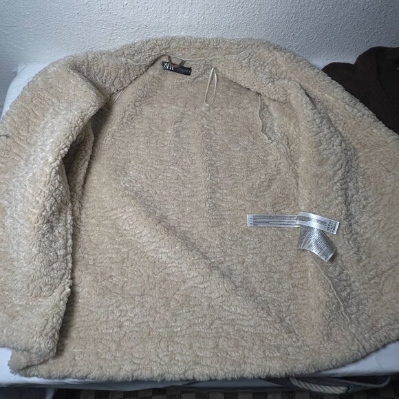 Zara Double Faced Coat Boxy Patch Pockets Faux Sherpa Faux Suede Brown S - Picture 15 of 16